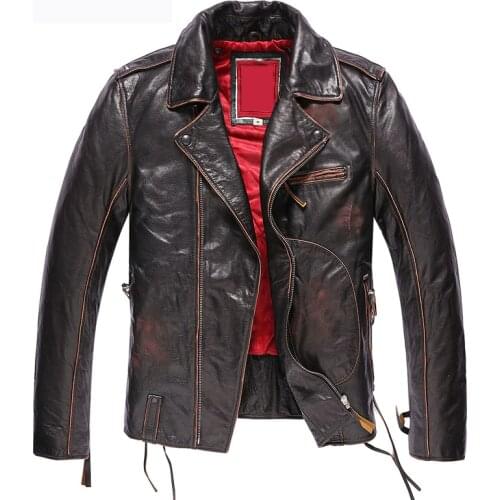 2018 New Original Pilot Leather Jacket Men Biker Real Genuine Motorcycle Male Vintage Jacket Red Lining Notch Lapel Collar