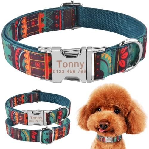 Small Large Personalised Nylon Dog Collar Pet Name ID Tag Engraved Adjustable