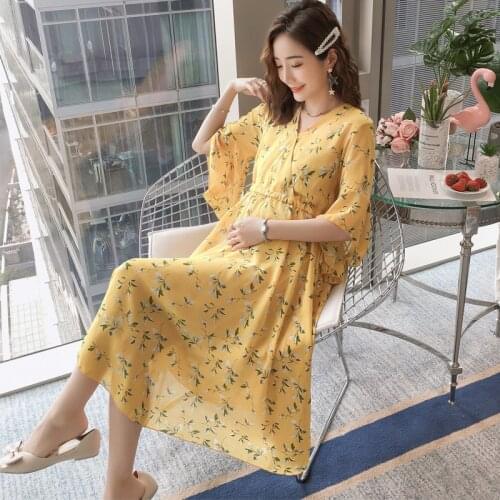 Pregnancy Clothes Maternity Nursing Dresses Breastfeeding Flowers Chiffon Fashion Mom Summer Maternity Gown Half Sleeve 2 Colors