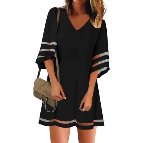 Pure Color Mini Dress Women Casual Mesh Patchwork 3/4 Bell Sleeve Loose A-line Tunic Dress Plus Size Hollow Out Party Dresses
