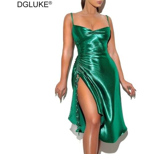 Green Short Satin Dress Women Slit Ruched Spaghetti Strap Dresses For Women Party Ladies Yellow White Sexy Summer Dress