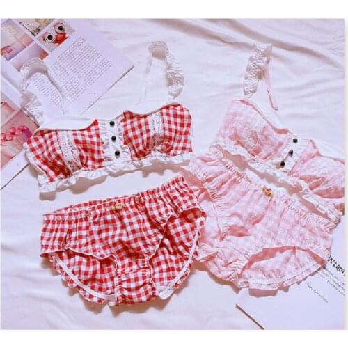 Fake collar button plaid cotton underwear suit shoulder strap doll girl soft bra set triangle cup sleep garden sweet lingerie