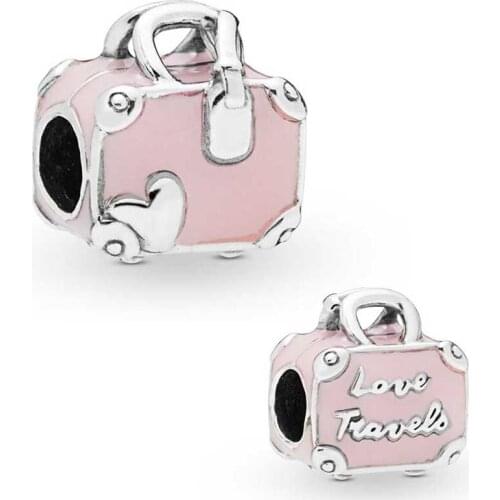 Pink Travel Bag Charm 100% Real 925 Sterling Silver Pink Travel Bag Charms Fit Original Bracelet Diy Jewelry