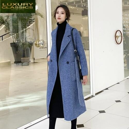 Wool Autumn Coats Winter Female Double Breasted Jackets Women Slim Long Belt Clothes Korean Spring Overcoat 2021 LWL1395