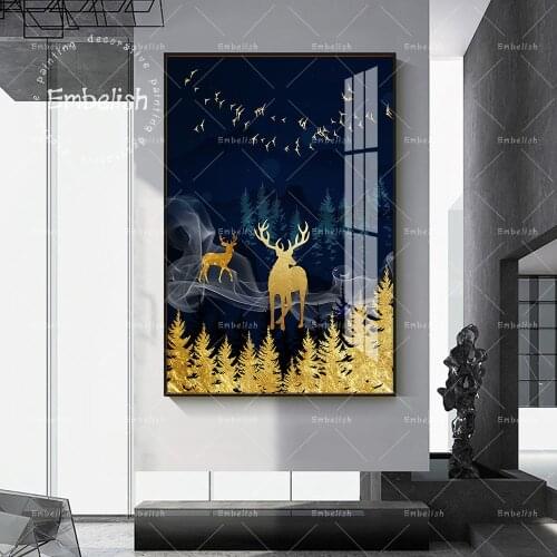 Embelish 1 Pieces Golden Deer On Forest Landscape Animals Wall Pictures For Living Room Canvas Paintings Home Decor Posters