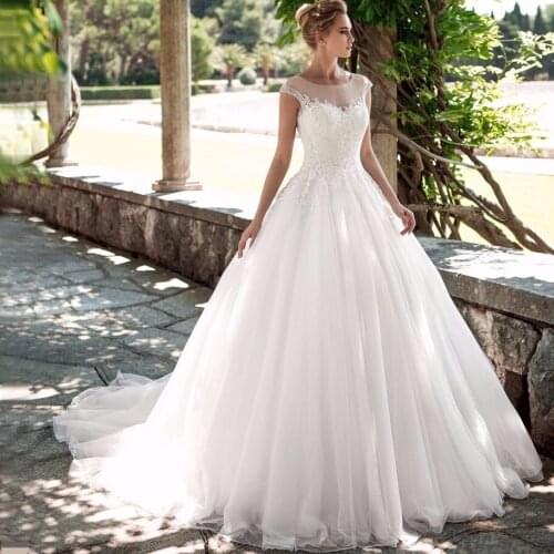 Gorgeous Scoop Cap Sleeves Ball Gown Wedding Dresses Soft Tulle Beaded Vestidos de Novia Princess Bridal Gown Customized
