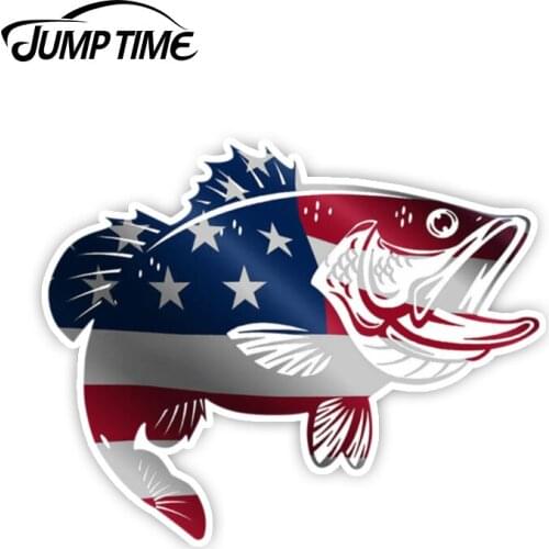 Jump Time 13cm x 10.5cm USA Bass Fish Sticker America Flag Fishing Decal Car Sticker Truck Window Laptop Wall Car Accessories