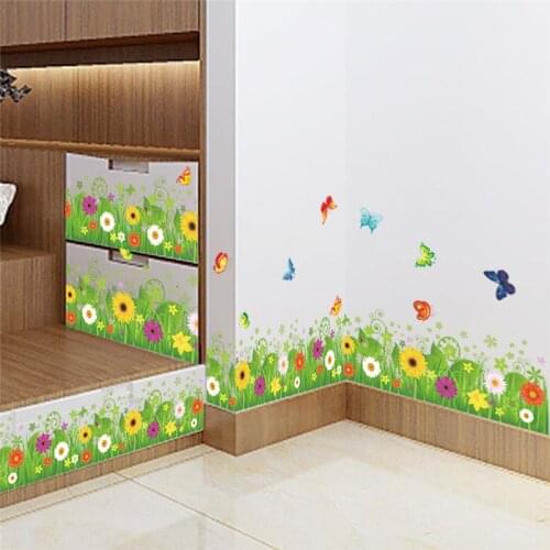 Vivid Flower Grass Butterfly Wall Sticker For Living Room Bedroom Decorations Baseboard Wall Mural Art Diy Pvc Decals