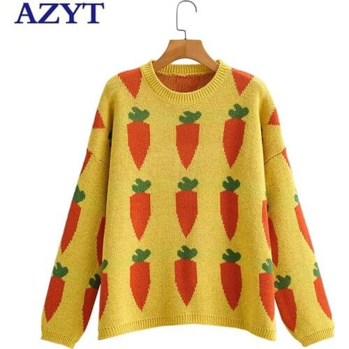 AZYT 2021 Autumn O Neck Pullover Women Sweater Chic Print Long Sleeve Knit Jumpers Sweater Women Winter Loose Base Sweater