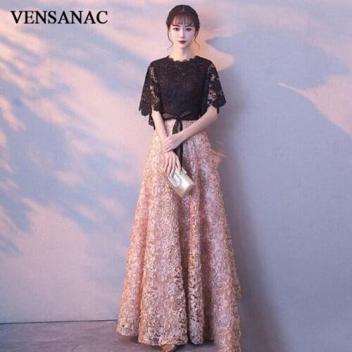 VENSANAC O Neck Lace Appliques A Line Long Evening Dresses Party Flare Half Sleeve Bow Prom Gowns