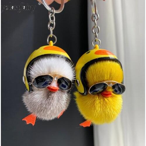 Soft Real Mink Fur Keychain 2021 Cute Fluffy Fur Pom Pom Car Keyring Yellow Duck Women Bag Pendant Gift Pompom Key Chains Gxy251