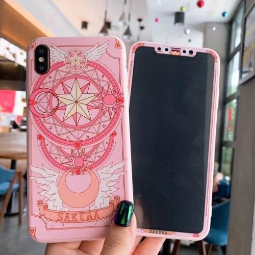 Pink Sakura 360 Front+Back Case For iPhone12PRO 11 Xsmax XR Phone Case Screen Glass Protector 78plus 6s SE2 XS Body Protection