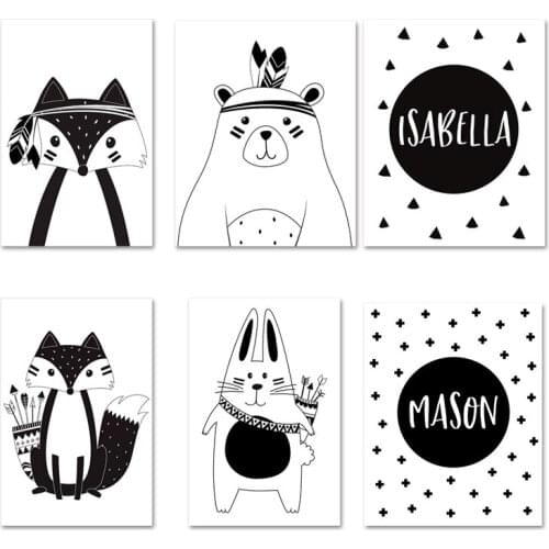 Black White Cartoon Bear Rabbit Baby Nursery Wall Art Canvas Poster Custom Name Print Painting Nordic Picture Kid Room Decor