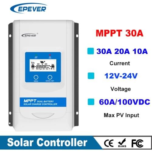 EPever DuoRacer New Dual Battery MPPT 10A 20A 30A Solar Charger and Discharger Controller 12V 24V Solar Charger Regulator New
