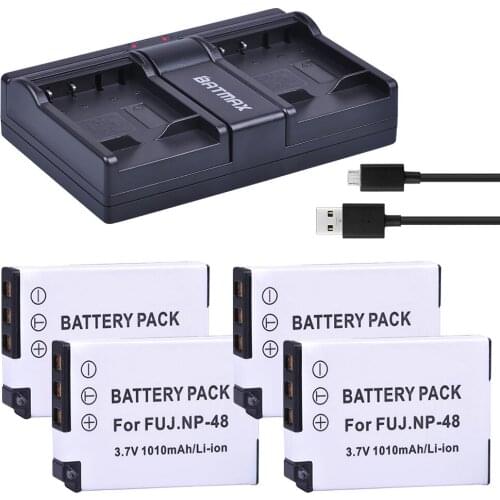4Pc NP-48 1010mAh NP48 Lithium-Ion Battery + USB Dual Charger for Fujifilm NP-48, FNP48, BC-48 Fujifilm XQ1, XQ2 Digital Camer