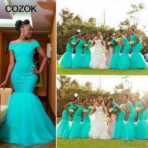Hot Cheap Turquoise Bridesmaid Dresses Long Mermaid Long Vestido Madrinha Sleeve Bridesmaid Dress Lace Bridesmaid Gowns Africa