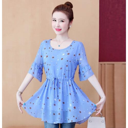 Summer Chiffon Short Sleeve Women Print Casual Blouses Loose Shirts Lady Temperament O-Neck Large Size Tops Blusas MM0341