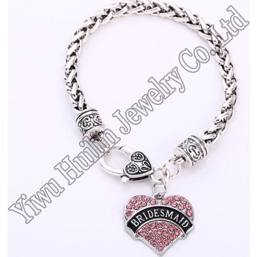 Fashion rhodium plated with sparkling crystals BRIDESMAID heart charm bracelet Lobster-claw-clasps New Arrival