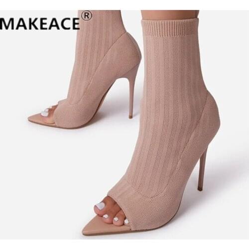 Fashion Womens Shoes New Knitted Stretch Boots Spring and Autumn Summer Open-toe High Heels INS Cool Womens Heels Sandals