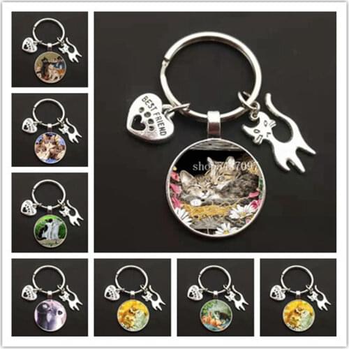 Fashion cute cat design keychain cartoon kitten style glass dome keychain DIY handmade gift key ring gift for woman