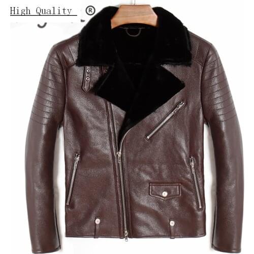 100% Real Leather Jacket Men Winter Coat Male Genuine Sheepskin Cashmere Liner Bomber Jacket Shearling Moto Jaqueta UM800