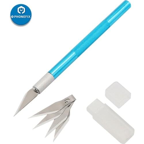 Non-slip Metal Scalpel Knife Blue Red Tool Set 5pcs BladesEngraving Craft Knives Mobile Phone PCB IC Chip Remover Tool Set