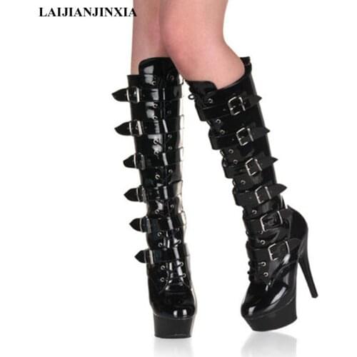 New black sexy 15 cm high heels and large size cool boots, platoon of beautiful model tall Dance Shoes