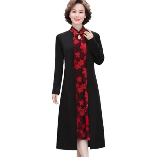 New Year Chinese Party Dresses Vintage Floral Print Fake two Midi Dress Cheongsam collar Women long Dress Plus Size