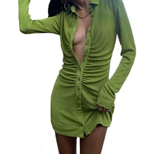 Sexy Pleated Mini Dress Women Solid Turn-Down Collar Button Long Sleeve Mini Dresses Bodycon Streetwear Shirt Dresses For Party