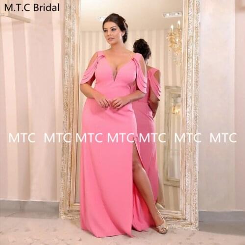 Hot Pink Plus Size Bridesmaid Dresses With Slit V Neck Corset Long Maid Of Honor Dress 2021 Wedding Party Gowns Wholesale