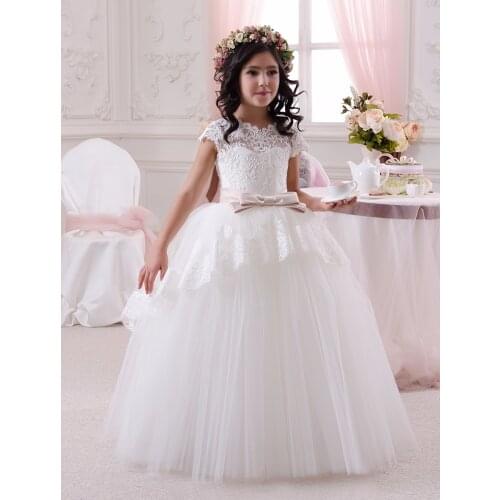 Flower Girl Dresses First Communion Dresses Girls Kids Ball Evening Gowns White Satin Lace Bow Belt Kids Wedding Gown