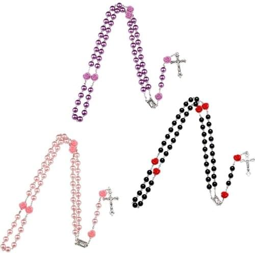 Purple Rosary Beads Catholic Rosary Necklace For Girls Women Glass Father Bead Crucifix Pendant Rose Halloween Gift Girl