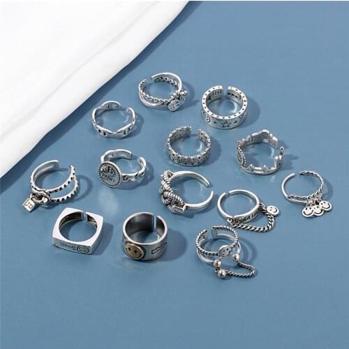 Vintage Ancient Silver Color Happy Smiling Face Open Rings for Women Punk Hip Hop Adjustable Ring Fashion Jewelry Best Gift