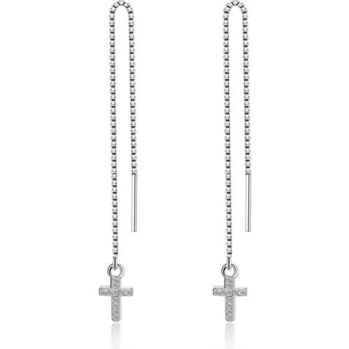 925 Sterling Silver Box Chain Tassel Cross Charm Drop Earring For Women Girls Fashion Party Wedding Jewelry eh033