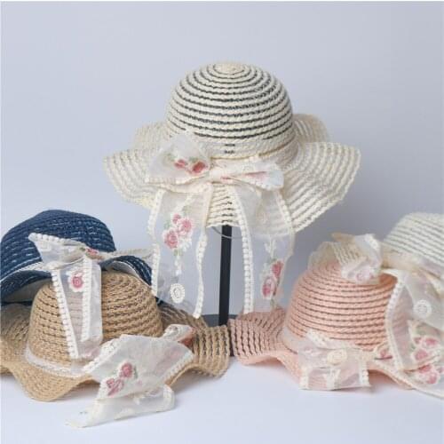 Handmade Wide Big Brim Straw Hat Summer Beach Hat For Holiday Vacation Girl UV Protection Flower Bow Female Big Child Gorras