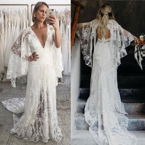 Vintage Bohemian Lace Wedding Dresses Country A Line 2021 Sexy V Neck Lace Boho Bridal Gowns Backless Long Sleeve Robes De Marie