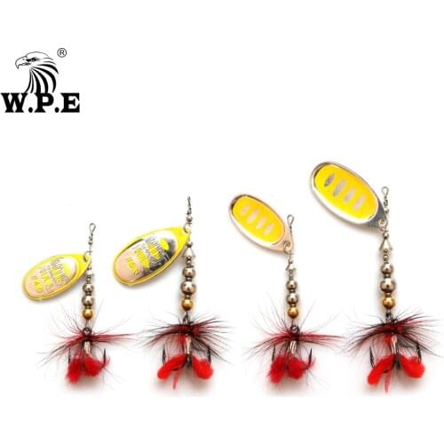 W.P.E Brand NEW Spoon Lure 1pcs 4#/5# Spinner Lure Bass Fish Hard Lure Brass Swim Bait Feather with Treble Hooks Wobblers Tackle