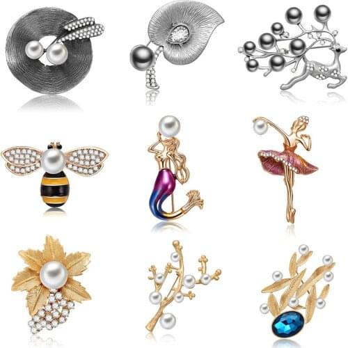 Statement Crystal Pearl Women Brooches Flower Leaf Deer Brooch Mermaid Pins for Women Fashion Evening Dress Accessories Jewelry