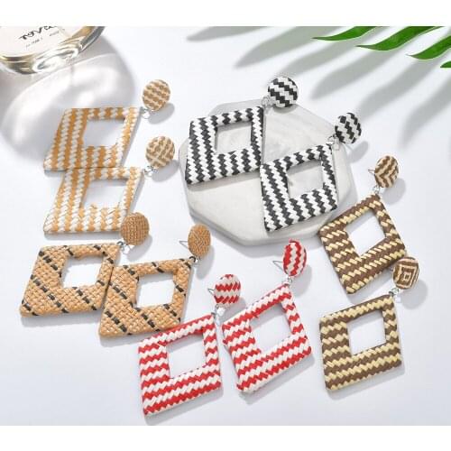 2019 New Korea Handmade Wooden Straw Woven Rattan Vine Braid Geometric Large Circle Square Long Drop Earrings For Women Girl