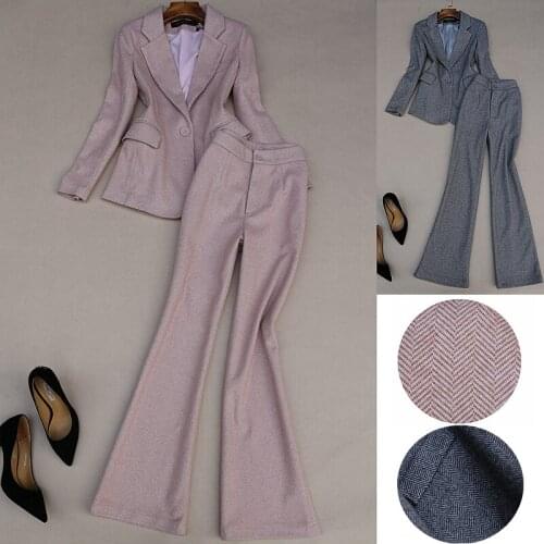 Womens two-piece new fashion suit temperament Slim woolen suit herringbone flared pants high waist pants 2 piece set women