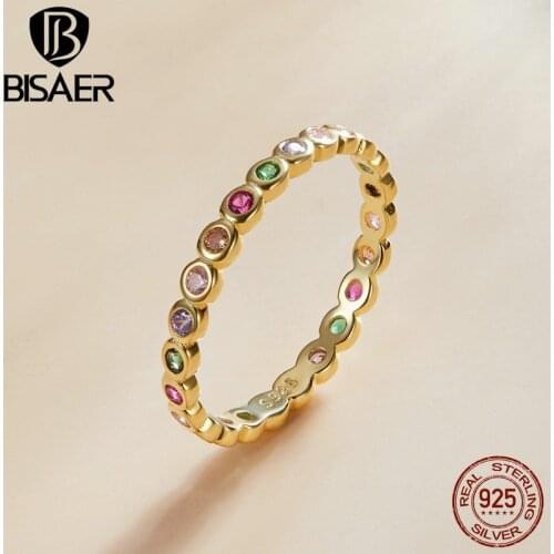 BISAER Authentic 925 Sterling Silver Gold Color Sparkling Rings Colorful CZ Ring For Women Engagement Jewelry Anniversary ECR714