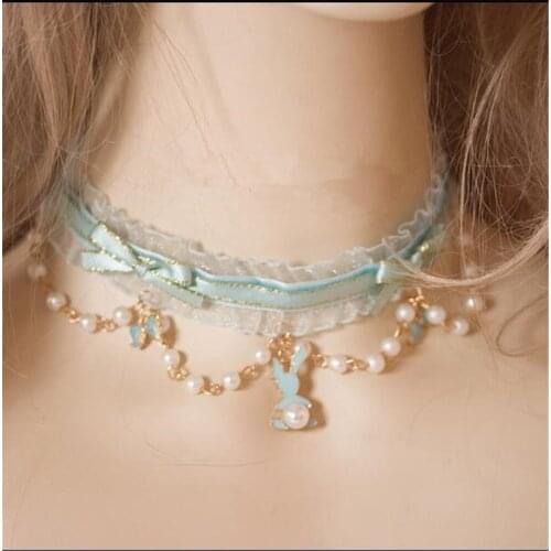 Maiden mint green Lace necklace choker Fairy Cosplay Lolita pearl pendant Princess jewelry accessories B987