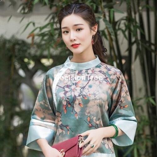 2021 flower print chiffon blouse women chinese shirt national tops hanfu cotton tang style o neck female daily tops floral qipao
