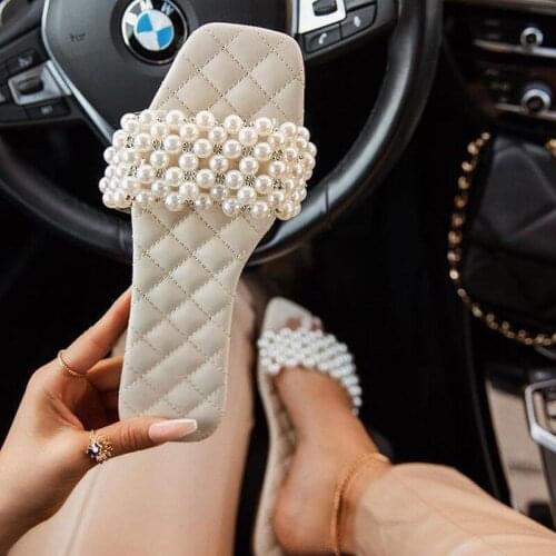 2021 Summer New Pearl Flat Sandals Solid Color Slippers Open Toe Outdoor Womens Shoes Fashion Casual Plus Size 43