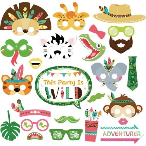 25pcs Kids Happy Birthday Cartoon Wild Indian Animals Party Favors Baby Shower Safari Animals Photobooth Props Party Decorations