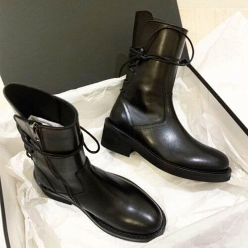 British Rear lace up botas chic zipper botines mujer chunky heels boots winter plush boots mid-calf riding boots women shoes2020