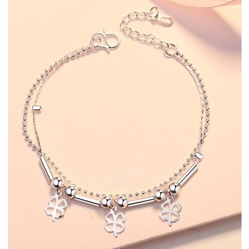 New Fashion Lucky Four Leaf Clover Bead Double Bracelet Adjustable Stainless Steel Charm Bracelet Jewelry Lady Gift