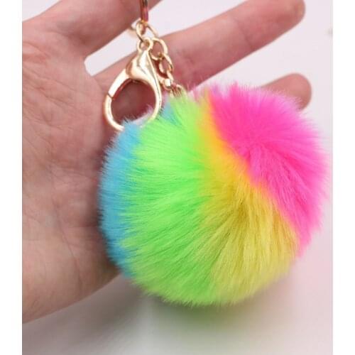 Faux Rabbit Fur Rainbow Ball Pom Pom Keychain for Car Key Ring Phone Handbag Charm Tote Pendant