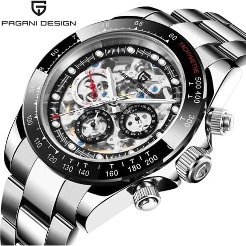 PAGANI DESIGN Men Watch Hollow Automatic Mechanical Winding Watch Stainless Steel Waterproof Fashion Rainbow Business Watches