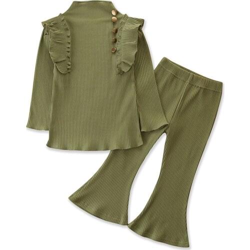 Citgeett Spring 1-6Y Fashion Kids Girls Clothes Sets 2pcs Ruffles Solid Knit Long Sleeve Pullover Tops Flare Pants Set